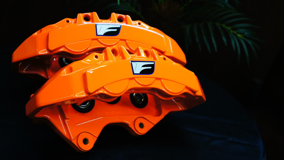 レクサスRC-F純正キャリパー塗装　COLOR:＃1110VALENCIA PREMIUM ORANGE＆ローター塗装　COLOR：#003 tokyo midnight gold＆ローター加工Type：DD