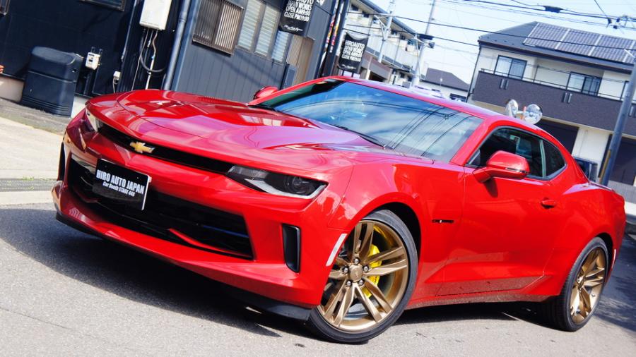 シボレーカマロ　キャリパー塗装　COLOR:#020 hawaiian passion yellow　ホイール塗装　COLOR:#1107 Platinum new bronze pearl metallic　Rrディフューザーグロスブラック仕上